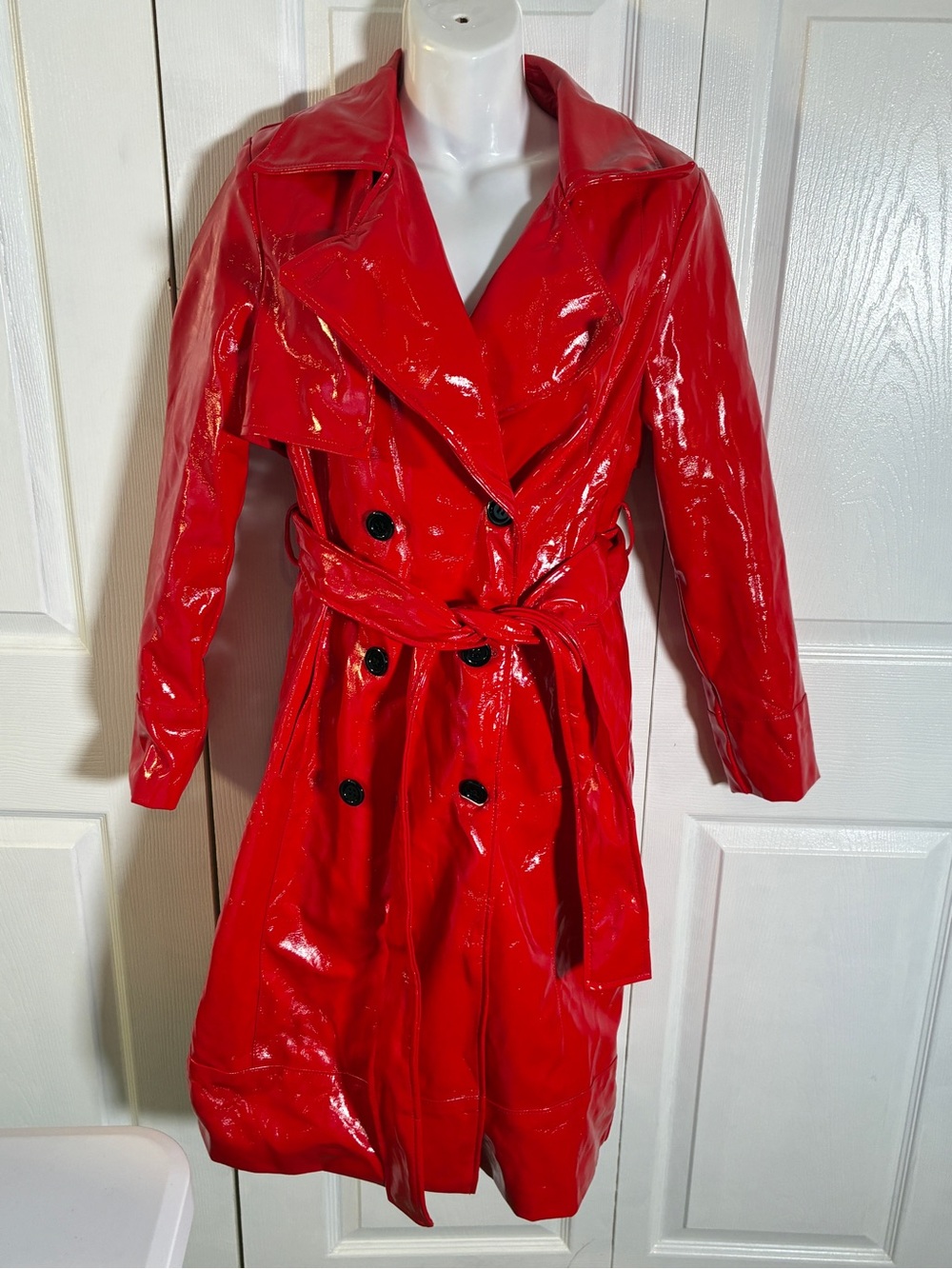 Forever Audrey Red Patent Vinyl Trench Coat Size Small